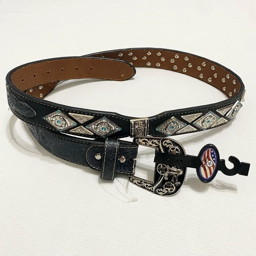 West Star Texas Men’s Western Black Tooled Leather Silver Concho Belt XXL